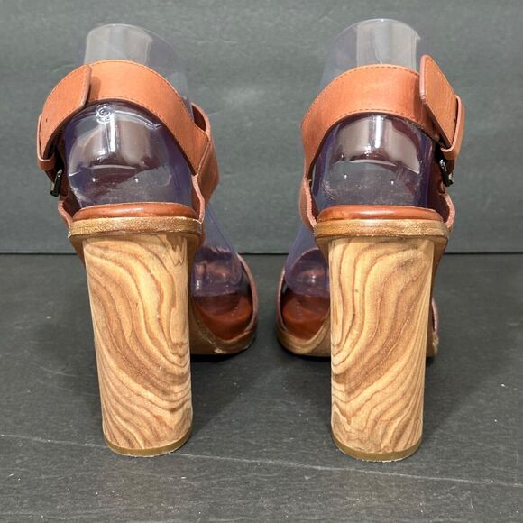 VINCE Haley Heels Women's 9.5 Chunky Block Wood Leather Open Toe Sandals Brown - Picture 5 of 11
